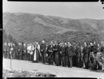 The Duke of Edinburgh with officials attending the mass burial of Tangiwai railway disaster victims, Karori Cemetery, Wellington, Royal Tour 1953-1954