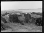 View of Waitemata Harbour and Hobson Bay, Auckland, featuring large, two-storied houses, paddocks, and trees