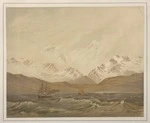 Gully, John, 1819-1888 :Mount Cook and Mount Tasman from the West / John Gully, 1875. Dunedin, Marcus Ward, 1877.
