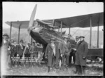 Pilot Herbert Nelson Hawker in Nelson with Mr Perano and Mr McArtney after their flight from Blenheim