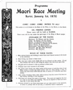 Programme advertising a Maori horse racing meeting in Karioi, Waikato
