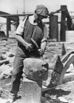 John Barr chiseling a stone for E S Wilkinson's house, North Taranaki