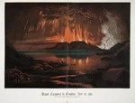 Blomfield, Charles 1848-1926. :Mount Tarawera in eruption, June 10, 1886. (From the native village of Waitangi, Lake Tarawera, N.Z.) W. Potts, lith. C Blomfield, del. Wanganui, A D Willis [ca 188-?]