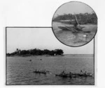 Two photographs of groups of people with outrigger canoes in the Pacific Islands
