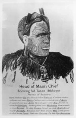 Gordon, William Francis Robert d 1936 :Head of Maori chief showing full tattoo (Moko-pu) February 1921