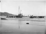 Barge laden with kauri gum, and bullock carts, on the beach at Ahipara