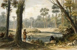 Earle, Augustus 1793-1838 :Native village and cowdie forest. London, lithographed and published by R. Martin & Co [1838]