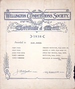 Wellington Competitions Society (Incorporated) :Certificate of merit awarded to Brian Barstow. 1938.