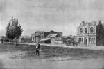 Photographic copy of a print of a sketch depicting Cathedral Square, Christchurch