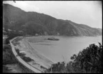 Overlooking Days Bay, with the beach, bathing sheds, the bay, the wharf and the main road to Eastbourne.