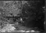Native bush with a rustic bridge, and two children standing in the stream below, at Korokoro.