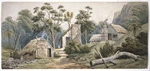 Hoyte, John Barr Clark, 1835-1913 :[Miners' slab huts in a bush clearing, Coromandel district. Between 1864 and 1867]
