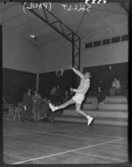 Badminton Federation Cup Players in Feilding, B.F. Dinner including Don Higgins action shot, Thomas Cup Players in action at Feilding