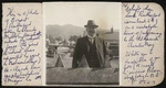 King, June, fl 1975: Photograph of Ernest Rutherford outside the school fence, Havelock - Photograph taken by Claude Mills