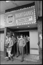 Secondary school boys leaving the Paramount Theatre, Wellington.