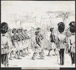 Dadd, Stephen T, fl 1879-1920 :On the way to the Colonial Review. Fijian troops marching past the Marlborough Gate. 2 Jul[7 18]92.