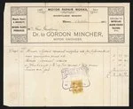 Mincher, James Gordon, 1892-1966 :Mr Geo Godfrey, Dr to Gordon Mincher, motor engineer, Motor repair works, Shortland Wharf, Thames, October 1923. [Invoice September 12, 1923]. Paid 24/9/23.
