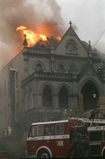 The roof of the General Assembly Library on fire