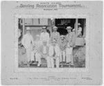 Group of bowlers from Newtown, Wellington, at a North Island Bowling Association tournament - Photograph taken by Berry & Co