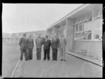 Members of the Wellington College's Board of Governors paying an official visit to Onslow College; the Chairman of the Board, Mr D Conibear is second from left