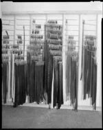 Shop interior showing belts displayed on the wall, Tatra Leather Goods, Wellington