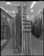 Shop interior showing arrangement of belts, Tatra Leather Goods, Wellington