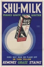 New Zealand Railways. Publicity Branch: Shu-milk makes white shoes whiter. Lusteroid shu-milk ... does not rub or flake off, or turn yellow. Removes grass stains / Railways Studios [1930-1950s?]