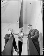Workmen and propeller at Woodbourne Air Force Base, Blenheim