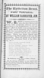 Photographic copy of a page from The Cook's Strait almanack of 1852 with an advertisement for The Lyttelton Arms, Port Victoria, Lyttelton