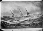 Photograph of a photograph of a painting in a book depicting the ship Dallam Tower in a storm