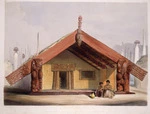 Angas, George French, 1822-1886 :Rangihaeata's celebrated house on the island of Mana called "Kaitangata" (eat man) / George French Angas [delt]; J. W. Giles [lith]. Plate 4. 1847.