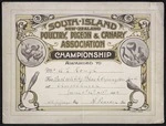 South Island Poultry, Pigeon & Canary Association :Championship awarded to Mr A E Hough for Best utility black orpington male, At Christchurch, June 11th, 12th + 13th, 1925. G E Jeffreys, pres[ident]; R Pearce, sec[retary]. L Times print [ca 1925]