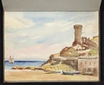 Hill, Mabel, 1872-1956 :Tossa [Beach, headland and tower at Tossa de Mar, Spain, July 1952?]