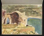 Hill, Mabel, 1872-1956 :Tossa. [Ruins above the bay, Tossa de Mar, Spain. July, 1952?]