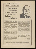 New Zealand Labour Party: General election 1946; a personal message to the electors from the Prime Minister [1946. Page 1]