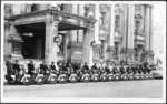 Wellington City traffic department's fleet of motorcycles outside the Town Hall - Photograph taken by Hall Raine Studios