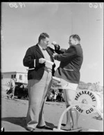 Men at an Australian vs New Zealand lifesaving competition, Titahi Bay, Wellington