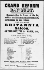 Grand reform banquet. Demonstration in favour of the immediate establishment of representative institutions in this colony, to be held at the Britannia Saloon, on Thursday, the 1st March, 1849.