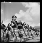 Women performing a Maori action song at the hui to mark the posthumous awarding of the Victoria Cross to Te Moananui-a-Kiwa Ngarimu, in Ruatoria