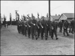 World War II soldiers of the third eclelon at Burnham Camp, Christchurch, marching to the mess