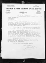 Letter from The Iron and Steel Company of New Zealand Ltd, to Edmund Anscombe, recommending Anscombe for the role of Architect for the 1940 Centennial exhibition in Wellington