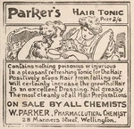 W Parker (Firm, Wellington) :Parker's hair tonic. Price 2/6. Contains nothing poisonous or injurious / Is a pleasant refreshing tonic for the hair ... On sale by all chemists. W Parker, pharmaceutical chemist, 28 Manners Street, Wellington [1907].