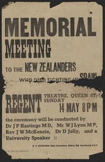 Poster - Memorial meeting to the New Zealanders who died fighting in Spain