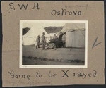 Patient outside the x-ray tent at the main hospital camp of the 7th Medical Unit of the Scottish Women's Hospitals for Foreign Service, at Ostrovo, Macedonia, Serbia, during World War I