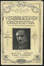 New South Wales State Conservatorium of Music :Verbrugghen Orchestra (New South Wales State Conservatorium). Conductor Henri Verbrugghen. Second New Zealand tour, January - February 1922. Tour under the direction of J & N Tait. Theatre Royal, Christchurch. First concert, Tuesday, January 31st, 1922. Souvenir programme. [Front cover]
