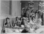 Maori women weaving, Te Whai-a-te-Motu meeting house, Mataatua