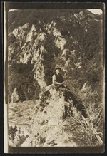 Gilbert Mair on the pinnacle rock, west end of Mount Tarawera