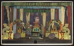 Hand-coloured photographic print of The Great Benyon in performance with Chinese-style dragons and pagodas as stage props. ca 1955]