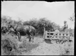 Transporting milk cans by horse and cart, Ohura, Ruapehu district]