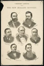 Cousins, Thomas Selby, 1840-1897 :"Observer" cartoons. The New Zealand ministry. T S Cousins del. ["Observer, Auckland, 22 July 1882]